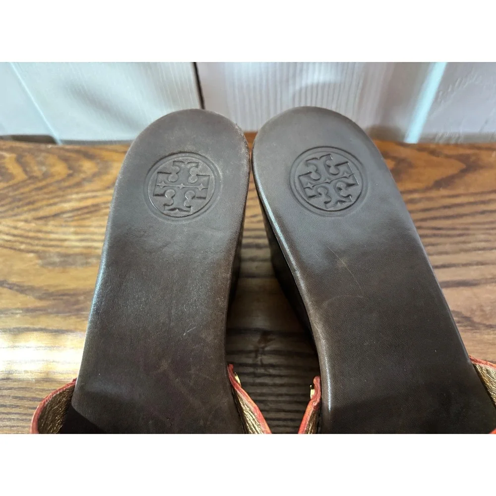 Tory Burch Women's Orange Patent Leather Logo Clog Platform Wedge Slides size‎ 6